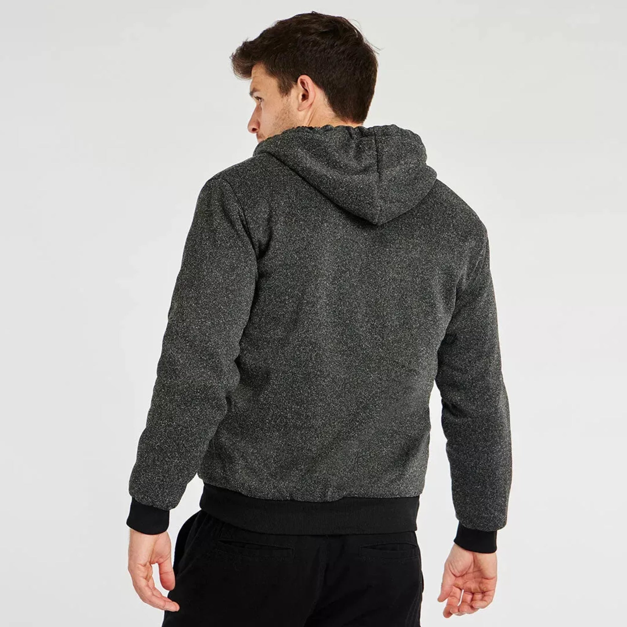 Men's fleece lined zip up hoodie in dark charcoal grey / black with black cuffs and drawstrings